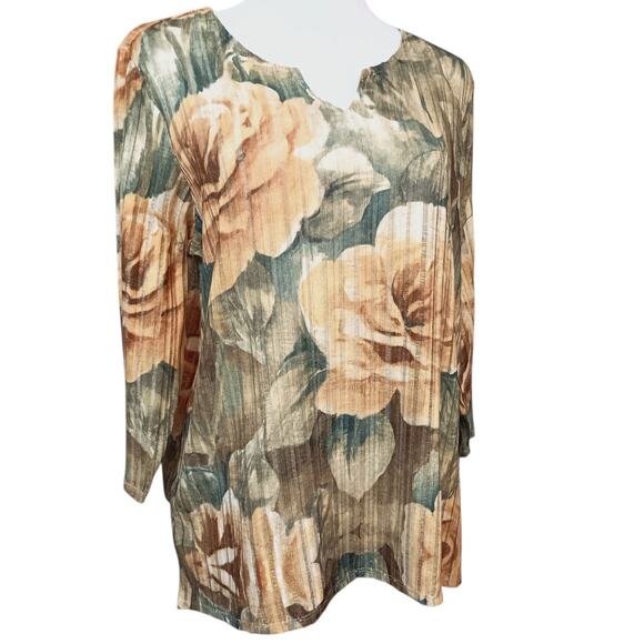 ALFRED DUNNER Artsy Floral Knit Top Blouse Medium Yellow Green Bloom Comfort - Picture 1 of 7